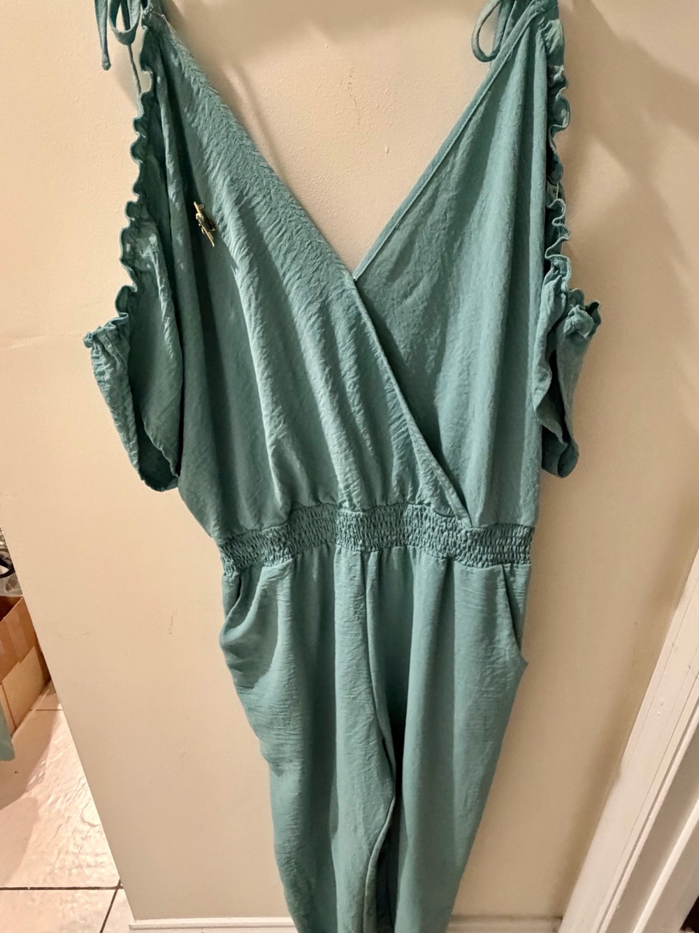 Women's Teal Sleeveless Jumpsuit with Smocked Waist